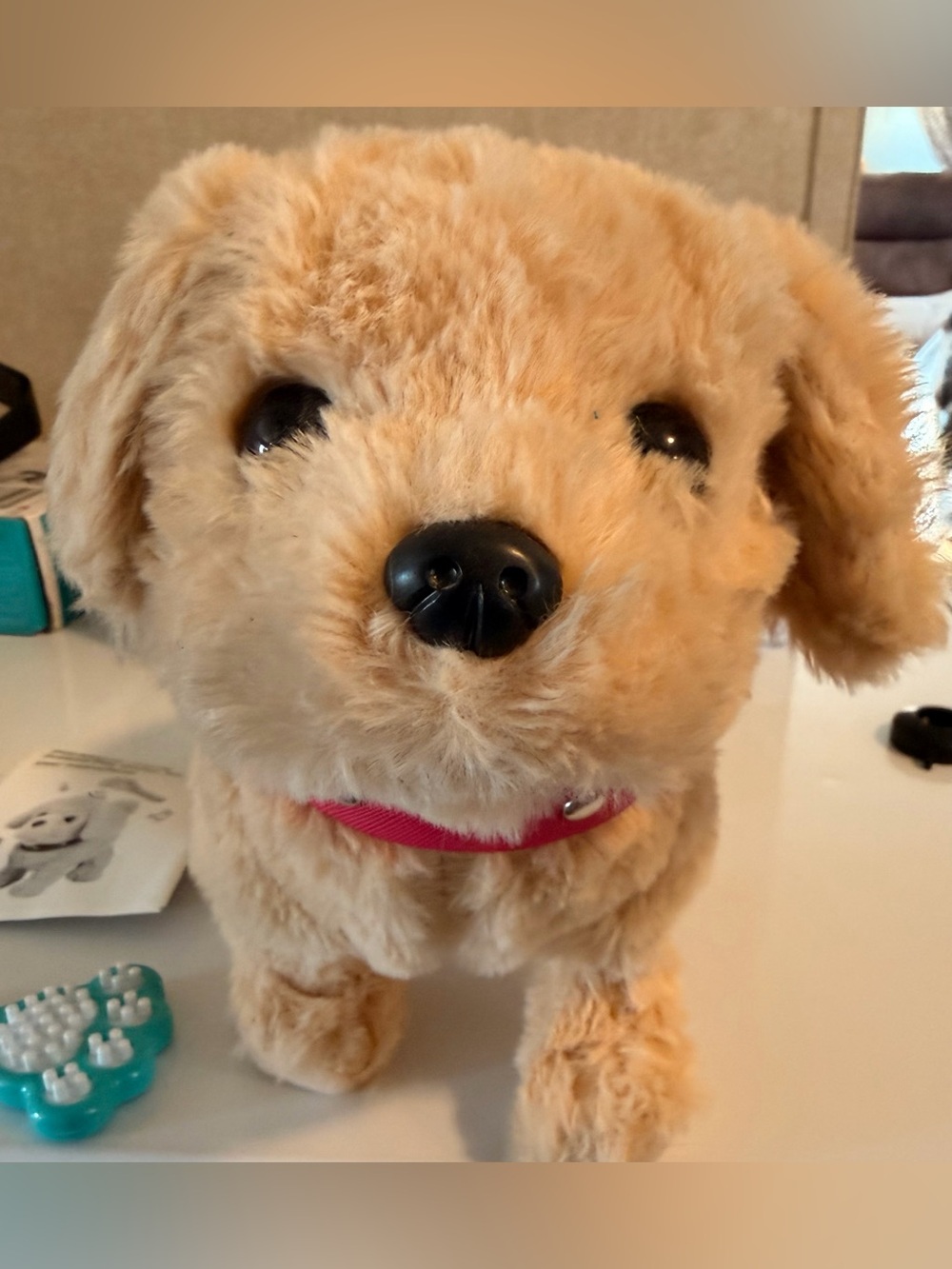 Plush Golden Puppy Toy with Pink Collar - Soft Interactive Dog Plush
